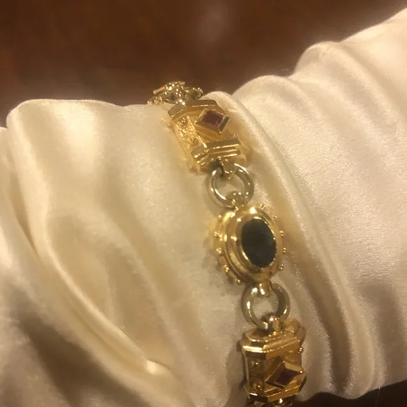 🌷Etruscan Revival Statement Bracelet Multi Colored Gemstones 14K Gold - Picture 3 of 16